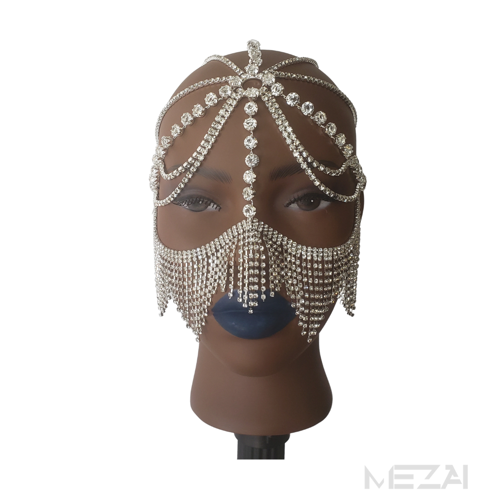 Crystal Bridal Face Mask With Veil (Silver Or Gold)