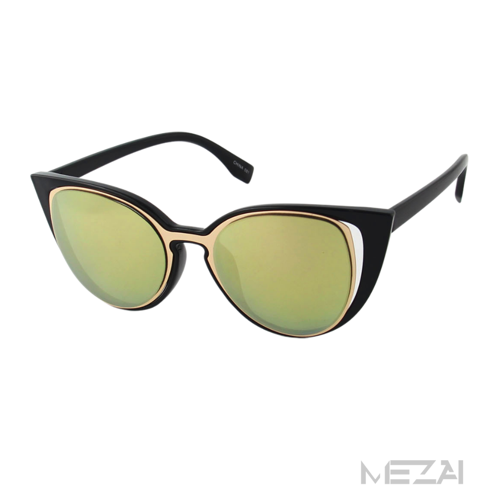black cut-out cat eye sunglasses with mirror lens