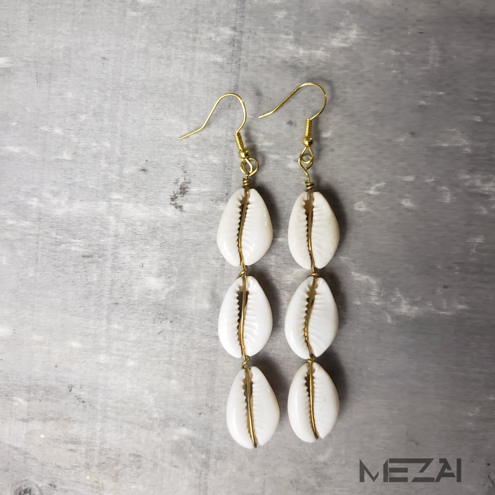 Tri-Stack Cowrie Shell Earrings
