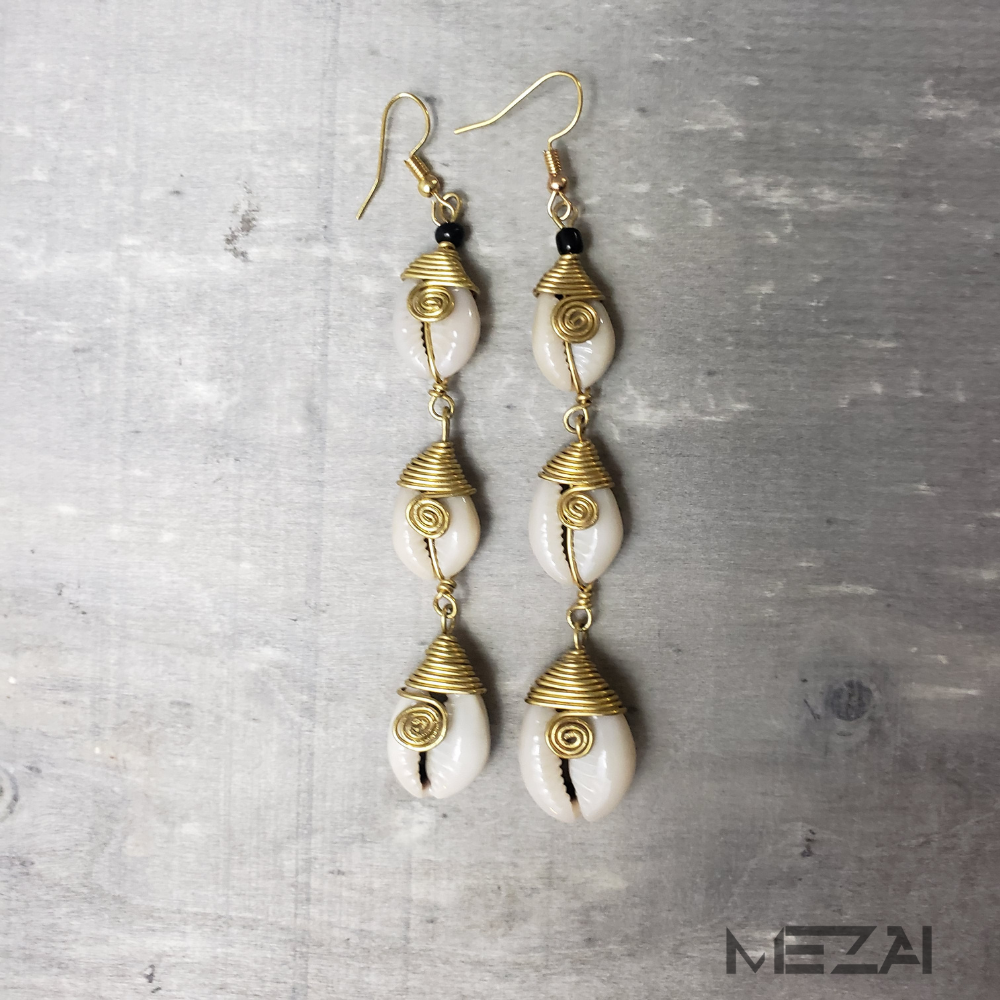 Tri Wrapped Cowrie Shell Earrings