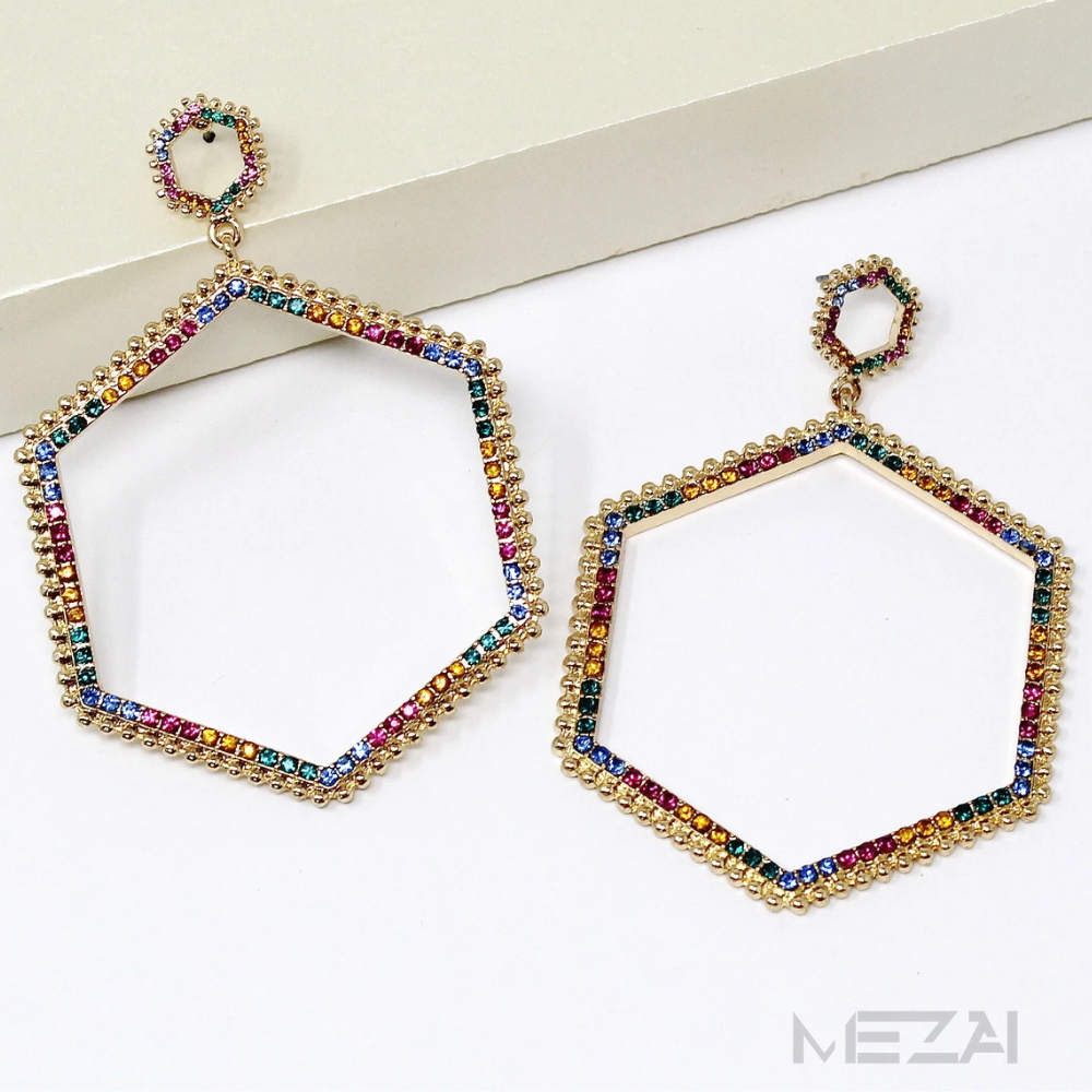 Hexagon Glass Pave Rhinestone Drop Earrings (5 Colors)