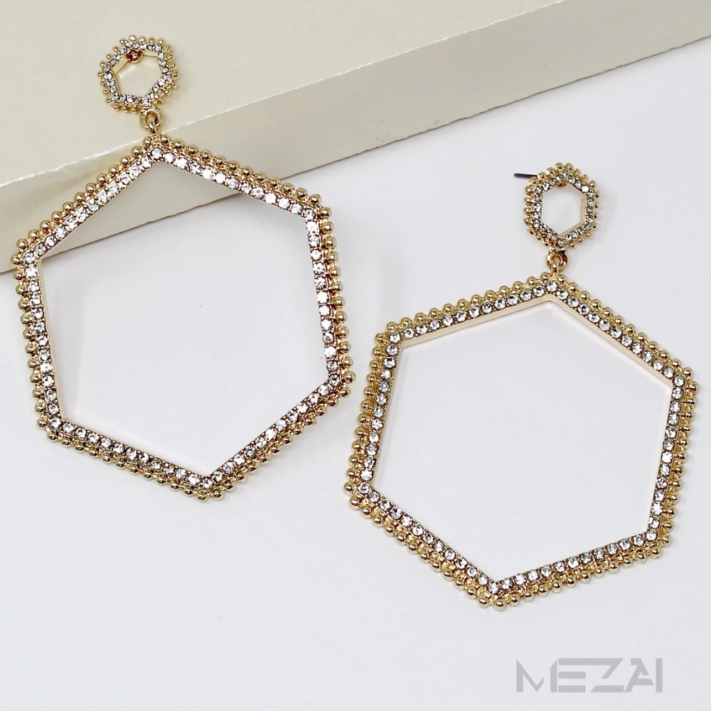 Hexagon Glass Pave Rhinestone Drop Earrings (5 Colors)