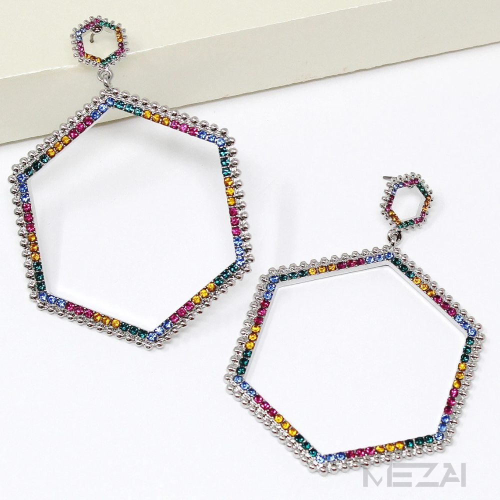 Hexagon Glass Pave Rhinestone Drop Earrings (5 Colors)