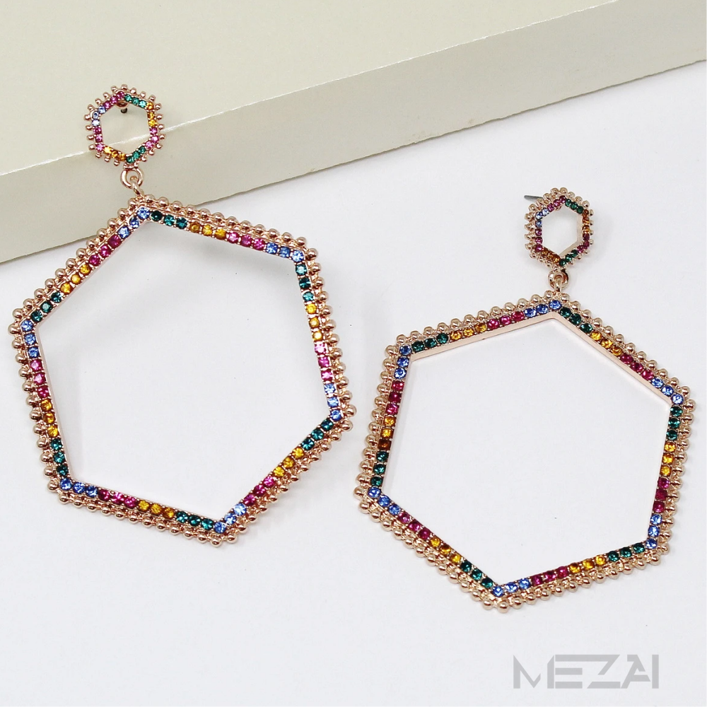 Hexagon Glass Pave Rhinestone Drop Earrings (5 Colors)